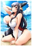  beach black_hair blue_sky blush breasts casual_one-piece_swimsuit cleavage cloud day fusou_(kantai_collection) hair_ornament highres kantai_collection large_breasts long_hair looking_at_viewer mice_(sake_nomitai) one-piece_swimsuit outdoors red_eyes sand sitting sky solo sunlight swimsuit wariza water 