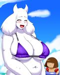  2017 anthro beach belly big_breasts bikini blush boss_monster breasts caprine clothing cloud eyes_closed female float fur goat horn human male mammal navel open_mouth protagonist_(undertale) seaside sky slightly_chubby speeds swimsuit toriel undertale video_games water white_fur 