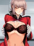  blush bra braid breasts cleavage commentary_request fate/grand_order fate_(series) florence_nightingale_(fate/grand_order) gloves grey_hair highres lace lace_bra large_breasts navel nishin_same open_clothes red_eyes underwear uniform white_gloves 