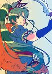  dress fingerless_gloves fire_emblem fire_emblem:_rekka_no_ken fire_emblem_heroes gloves green_eyes green_hair high_ponytail highres kiriya_(552260) long_hair looking_at_viewer lyndis_(fire_emblem) ponytail smile solo weapon 