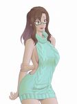  aran_sweater arm_behind_back breasts brown_eyes brown_hair dark_skin glasses haru_(hall) kouzuki_sanae lipstick long_hair looking_to_the_side makeup medium_breasts meme_attire naked_sweater sakura_quest sideboob solo sweater virgin_killer_sweater 