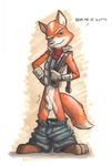  2005 animal_genitalia anthro balls canine clothing english_text fox fox_mccloud front_view green_eyes jeans looking_at_viewer male male_focus mammal nintendo pants pants_around_ankles poop_(artist) sheath signature solo standing star_fox text video_games white_balls 