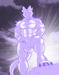  2017 abs animal_genitalia anthro balls biceps big_balls claws dragon gold_scales horn invalid_tag ky_vaath male monochrome muscular pecs pose shagaru_magala sheath simple_background solo spines spotty_the_cheetah standing 