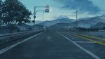 cloudy_sky commentary forest highres horizon mountain mountainous_horizon nature no_humans omohide_poro_poro outdoors qs2435 railing road road_sign scenery sign sky tree twilight 