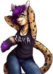  anthro breasts butt cat clothed clothing digital_media_(artwork) dipstick_tail ear_piercing feline female fur green_eyes hair happy inner_ear_fluff jeans kuro_murasaki looking_at_viewer mammal multicolored_tail pants piercing purple_hair serval shirt smile solo spots spotted_fur tank_top tomboy tongue tongue_out tsundere tylowell wide_hips 