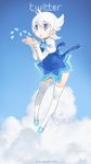  2014 artist_name blowing blue blue_eyes blue_footwear blue_sky cloud copyright_name dress full_body head_wings icon juliet_sleeves long_sleeves personification pinafore_dress puffy_sleeves shoes short_hair silver_hair sky twitter yoshizaki_mine 