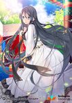  black_hair blue_eyes blue_sky braid cloud copyright_name day dress hair_rings korean_clothes long_hair looking_at_viewer mirunai official_art outdoors qurare_magic_library sky solo standing tree very_long_hair watermark white_dress 