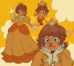  1girl baby_daisy blue_eyes brown_hair crown dark-skinned_female dark_skin dress dual_persona earrings flower_earrings gloves grin jewelry mario_(series) matios_felis multiple_views one_eye_closed orange_dress princess_daisy puffy_short_sleeves puffy_sleeves short_hair short_sleeves smile white_gloves 