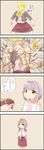  1girl 4koma bangs bow bowtie brown_eyes chibi closed_mouth collared_shirt comic commentary cosplay emphasis_lines empty_eyes exploding_clothes frilled_skirt frills highres hokuto_no_ken idolmaster idolmaster_cinderella_girls jacket koshimizu_sachiko koshimizu_sachiko_(cosplay) lavender_hair looking_at_viewer muscle p-head_producer pink_background producer_(idolmaster) shirt short_hair simple_background skirt standing torn_clothes translated wide_face yukkie 
