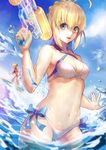  :d :o absurdres ahoge artoria_pendragon_(all) artoria_pendragon_(swimsuit_archer) bangs bare_arms bare_shoulders bikini blonde_hair blue_ribbon blue_sky breasts cleavage cloud cowboy_shot day eyebrows_visible_through_hair fate/apocrypha fate/grand_order fate/stay_night fate_(series) finger_on_trigger green_eyes hair_between_eyes hair_ribbon hair_tie halter_top halterneck highres holding looking_at_viewer looking_away luobo_carrot mordred_(fate) mordred_(fate)_(all) mordred_(swimsuit_rider)_(fate) multiple_girls navel ocean open_mouth outdoors ponytail prydwen red_bikini ribbon saber short_hair short_ponytail side-tie_bikini sidelocks sky small_breasts smile stomach surfboard surfing swimsuit wading water_drop water_gun white_bikini 