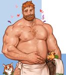  bara beard brian_harding chest_hair dog dream_daddy:_a_dad_dating_simulator eggplant facial_hair hand_on_own_stomach heart jang_ju_hyeon looking_at_viewer male_focus maxwell_(ddadds) muscle red_hair rubber_duck solo standing towel welsh_corgi 