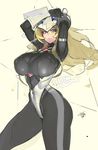  alien_magma armpits arms_up ass blonde_hair blue_eyes blush bodysuit bralines breasts character_name covered_navel covered_nipples gauntlets headgear headwear highres huge_breasts light_smile long_hair looking_at_viewer namaniku_atk solo ultra_kaijuu_gijinka_keikaku ultra_series 