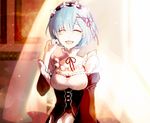  black_ribbon blue_hair breasts choker cleavage closed_eyes crying detached_sleeves eyebrows_visible_through_hair g11030 hair_ribbon head_wreath maid medium_breasts neck_ribbon open_mouth pink_ribbon re:zero_kara_hajimeru_isekai_seikatsu rem_(re:zero) ribbon short_hair smile solo standing tears upper_body 