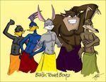  2007 4_fingers ace_bunny anthro avian bird canine coyote danger_duck duck group lagomorph loonatics_unleashed looney_tunes male mammal marsupial muscular pecs pose rabbit rev_runner simple_background slam_tasmanian smile tasmanian_devil tech_e_coyote towel unknown_artist warner_brothers 