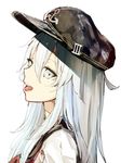  anchor_symbol black_hat eyebrows_visible_through_hair flat_cap from_side hair_between_eyes hat hibiki_(kantai_collection) highres kantai_collection long_hair looking_at_viewer open_mouth shirt silver_eyes silver_hair simple_background sketch solo somalisu upper_body white_background white_shirt 