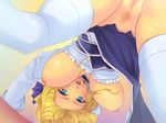  areolae bent_over blonde_hair blue_eyes breasts breasts_outside censored dead_or_alive hair_ornament hair_ribbon hanging_breasts helena_douglas huge_breasts large_breasts legs long_hair looking_down nipples no_bra no_panties open_mouth pubic_hair pussy ribbon socks solo tecmo thighs white_legwear yoko_juusuke yoko_jyusuke 