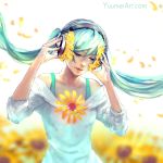  1girl absurdres aqua_hair blurry blurry_background commentary depth_of_field english_commentary eyes_closed facing_viewer flower hatsune_miku headphones highres long_hair petals solo sunflower twintails very_long_hair vocaloid watermark web_address wenqing_yan wind 