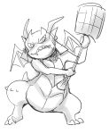 2014 angry anthro claws clenched_teeth doneru dragon featureless_crotch hi_res holding_object holding_weapon melee_weapon monochrome simple_background solo teeth toe_claws weapon white_background 