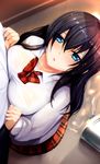  :o black_hair blue_eyes blush breast_press from_above haribote long_hair long_sleeves looking_at_viewer original pov school_uniform shirt solo_focus wet wet_clothes wet_hair white_shirt 