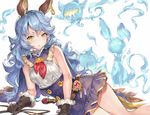  animal_ears bangs belt blue_hair blush brown_gloves commentary_request corset erune eyebrows_visible_through_hair ferry_(granblue_fantasy) fur_trim ghost gloves granblue_fantasy hair_between_eyes long_hair looking_at_viewer lying momoko_(momopoco) on_side open_mouth purple_skirt simple_background skirt sleeveless solo teeth thighs tsurime wavy_hair white_background yellow_eyes 