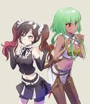  black_hair breasts brown_hair changing_hairstyle check_commentary cleavage cleavage_cutout commentary commentary_request emerald_sustrai gothic_lolita green_hair highlights iesupa lolita_fashion medium_breasts multicolored_hair multiple_girls navel neo_(rwby) pink_hair red_eyes rwby short_hair_with_long_locks 