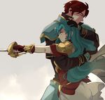  1girl aqua_hair armor blue_eyes blue_hair blush boots cape eirika fire_emblem fire_emblem:_seima_no_kouseki fire_emblem_heroes gloves hetero hug long_hair red_eyes red_hair seth_(fire_emblem) short_hair shy_(ribboneels) skirt weapon 