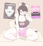  anthro bed big_breasts black_hair blush_sticker breasts canine cellphone cleavage clothed clothing dog drooling ear_piercing english_text female fur hair maggie_applebee mammal nipple_bulge phone piercing pillow poster saliva tattoo text theycallhimcake tired white_fur 