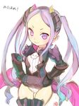  black_gloves black_legwear blush boots demon_girl gloves horns long_hair looking_at_viewer orion_(orionproject) pop-up_story purple_eyes purple_hair sketch smile solo thigh_boots thighhighs volteria_dig_platidity white_background 