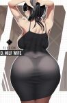  1girl absurdres arm_tattoo arms_behind_head ass black_dress breasts bright_pupils butterfly_tattoo character_name d_(killer_wife)_(nikke) d_(nikke) dress from_behind goddess_of_victory:_nikke highres large_breasts long_hair looking_back median_furrow niflhiem panties panties_visible_through_clothes pink_eyes shoulder_blades tattoo taut_clothes taut_dress underwear white_pupils 