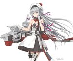  amatsukaze_(kantai_collection) armband bare_shoulders chou-10cm-hou-chan_(hatsuzuki's) commentary_request cosplay dress garter_straps gloves hair_between_eyes hand_to_own_mouth hat kantai_collection long_hair open_mouth rensouhou-kun retorillo richelieu_(kantai_collection) richelieu_(kantai_collection)_(cosplay) rigging simple_background strapless strapless_dress striped thighhighs white_background yellow_eyes zettai_ryouiki 