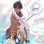  abs absurdres angye_fdez bare_chest brown_hair character_name dark_skin dark_skinned_male fate/grand_order fate_(series) highres jewelry male_focus muscle nipples ozymandias_(fate) pectorals shirtless solo very_dark_skin water wet 