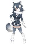  absurdres animal_ears between_breasts black_hair blue_eyes blush breasts fang full_body fur_collar gloves grey_wolf_(kemono_friends) hand_on_hip heterochromia highres kemono_friends large_breasts legs_apart long_hair long_sleeves looking_at_viewer multicolored_hair necktie necktie_between_breasts pitecube simple_background skirt solo standing tail two-tone_hair white_background wolf_ears wolf_tail yellow_eyes 