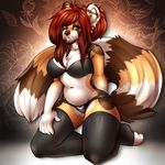  anthro blush bra breasts clothing female kneeling legwear mammal mixideer panties red_panda slightly_chubby solo thigh_highs tongue tongue_out underwear 
