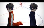  artist_name commentary dual_persona highres jacket kagerou_project kisaragi_shintarou letterboxed loss_time_memory_(vocaloid) male_focus mazumaro multiple_boys profile red_eyes red_jacket scissors simple_background track_jacket 