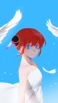 bare_shoulders blue_eyes breasts bun_cover double_bun dress feathers gintama highres kagura_(gintama) looking_at_viewer maosen orange_hair red_hair short_hair sidelocks sleeveless sleeveless_dress small_breasts smile solo sundress upper_body white_dress 