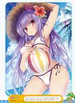  arm_up armpits ass_visible_through_thighs ball bangs beachball bikini blue_sky breast_rest breasts cleavage contrapposto cowboy_shot day dengeki_moeou eyebrows_visible_through_hair fisheye flower from_below hair_flower hair_ornament hat highres horizon large_breasts long_hair navel outdoors parted_lips pink_eyes purple_hair see-through side-tie_bikini sky solo standing straw_hat sun_hat sunlight swimsuit tateha_(marvelous_grace) very_long_hair 