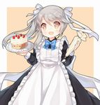  :d alternate_costume apron black_dress blue_bow blue_neckwear blush bow bowtie brown_eyes cake chinese_commentary collared_dress commentary_request cowboy_shot doily dress enmaided fang food food_on_face frilled_apron frills grey_hair hair_ribbon holding holding_plate long_hair long_sleeves looking_at_viewer maid ning_hai_(zhan_jian_shao_nyu) open_mouth pastry_bag plate ribbon side_ponytail sleeve_cuffs smile solo standing strawberry_shortcake tengxiang_lingnai whipped_cream white_apron white_ribbon zhan_jian_shao_nyu 