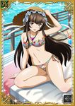  00s 1girl barefoot bikini breasts brown_hair card_(medium) female hat ikkitousen long_hair looking_at_viewer shiny_skin small_breasts swimsuit ten&#039;i_(ikkitousen) water 