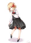  absurdres black_cola black_skirt blonde_hair expressionless full_body hair_ribbon highres red_eyes ribbon rumia shirt short_hair simple_background skirt touhou vest white_background wing_collar 
