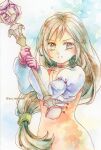  1girl black_choker bodysuit brown_eyes brown_hair choker final_fantasy final_fantasy_ix garnet_til_alexandros_xvii gloves hair_tie highres holding holding_staff juliet_sleeves long_hair long_sleeves looking_at_viewer low-tied_long_hair orange_bodysuit painting_(medium) parted_lips puffy_long_sleeves puffy_sleeves red_gloves shirt solo staff traditional_media twintails twitter_username upper_body watercolor_(medium) white_shirt yui_norimaki 