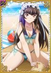  00s 1girl barefoot beach bikini breasts brown_hair card_(medium) female ikkitousen long_hair looking_at_viewer sand shiny_skin sitting small_breasts smile swimsuit ten&#039;i_(ikkitousen) 