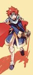 armor cape durandal_(fire_emblem) eliwood_(fire_emblem) fire_emblem fire_emblem:_fuuin_no_tsurugi fire_emblem:_rekka_no_ken fire_emblem_heroes headband holding holding_sword holding_weapon huge_weapon male_focus red_hair roy_(fire_emblem) simple_background solo spiked_hair sword weapon 