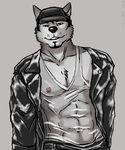  abs anthro athletic beard black_nose canine clothed clothing facial_hair fully_clothed jacket leather leather_jacket looking_at_viewer male mammal marjani monochrome nipples pants sheer_clothing shirt simple_background smile solo standing tank_top translucent transparent_clothing white_background wolf 