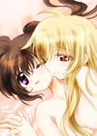  2girls ameiro bed blonde_hair breasts brown_hair collarbone couple fate_testarossa hand_holding happy interlocked_fingers long_hair looking_at_another lying lyrical_nanoha mahou_shoujo_lyrical_nanoha mahou_shoujo_lyrical_nanoha_strikers mahou_shoujo_lyrical_nanoha_vivid multiple_girls nude purple_eyes red_eyes sideboob smile symmetrical_docking takamachi_nanoha yuri 