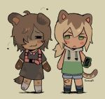 animal_humanoid arthropod band-aid bandage blush canid canid_humanoid canine canine_humanoid chibi clothing dirty dirty_clothing duo electronics felid felid_humanoid feline feline_humanoid female flea freckles gorarati green_eyes hi_res hoodie humanoid insect male mammal mammal_humanoid phone simple_background tail topwear