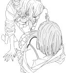  2girls between_legs bra commentary_request greyscale hand_on_another's_thigh highres kamatama_rom kissing_thigh long_hair medium_hair monochrome multiple_girls open_clothes open_shirt original pleated_skirt school_uniform skirt sleeves_rolled_up spread_legs underwear yuri 
