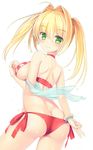  ahoge ass bikini blonde_hair blush bracelet breasts closed_mouth earrings eyebrows_visible_through_hair fate/grand_order fate_(series) from_behind green_eyes highres jewelry long_hair looking_at_viewer looking_back medium_breasts nero_claudius_(fate)_(all) nero_claudius_(swimsuit_caster)_(fate) side-tie_bikini sideboob simple_background smile solo standing striped striped_bikini swimsuit twintails umitonakai v white_background 