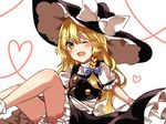  ;d blonde_hair bloomers blush commentary hat heart kirisame_marisa legs long_hair looking_at_viewer one_eye_closed open_mouth puffy_short_sleeves puffy_sleeves short_sleeves sitting skirt smile solo touhou underwear very_long_hair vest witch_hat yellow_eyes yururi_nano 