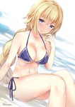  bikini blonde_hair blue_eyes braid breasts cleavage commentary_request dutch_angle fate/apocrypha fate_(series) jeanne_d'arc_(fate) jeanne_d'arc_(fate)_(all) kaetzchen large_breasts long_hair navel nervous_smile single_braid solo swimsuit wet 