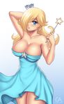  artist_name bangs bare_shoulders blonde_hair blue_eyes blush breasts cleavage collarbone cowboy_shot crown dress earrings eyebrows_visible_through_hair eyelashes gradient gradient_background grigorart hair_over_one_eye jewelry large_breasts legs_together long_hair looking_at_viewer mario_(series) no_bra rosetta_(mario) solo standing star super_mario_bros. super_mario_galaxy thighs wand 